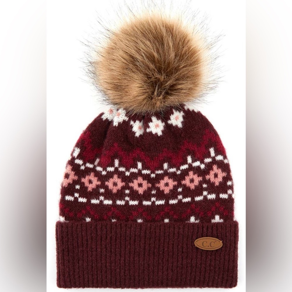 C.C Geo Ethnic Pattern Pom Beanie Hat